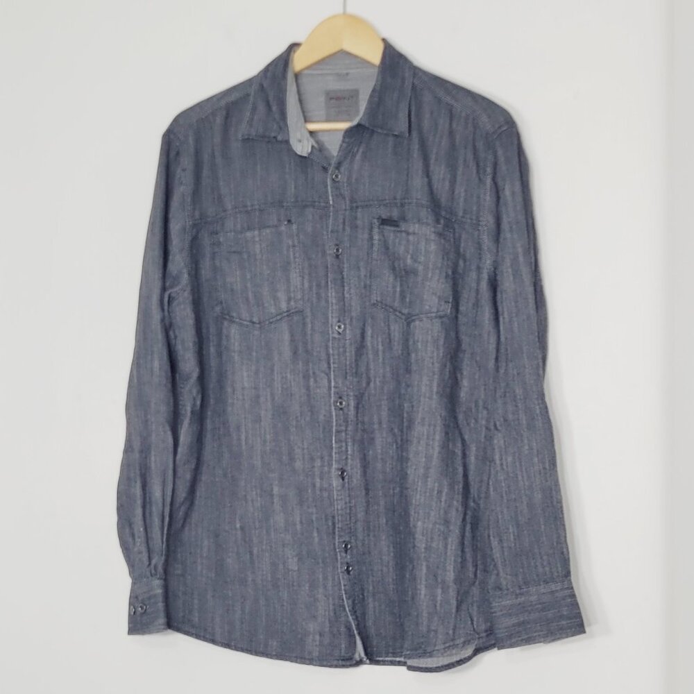 Point Zero Men's Dark Gray 100% Cotton Semi Fit Button Down Causal Shirt Large